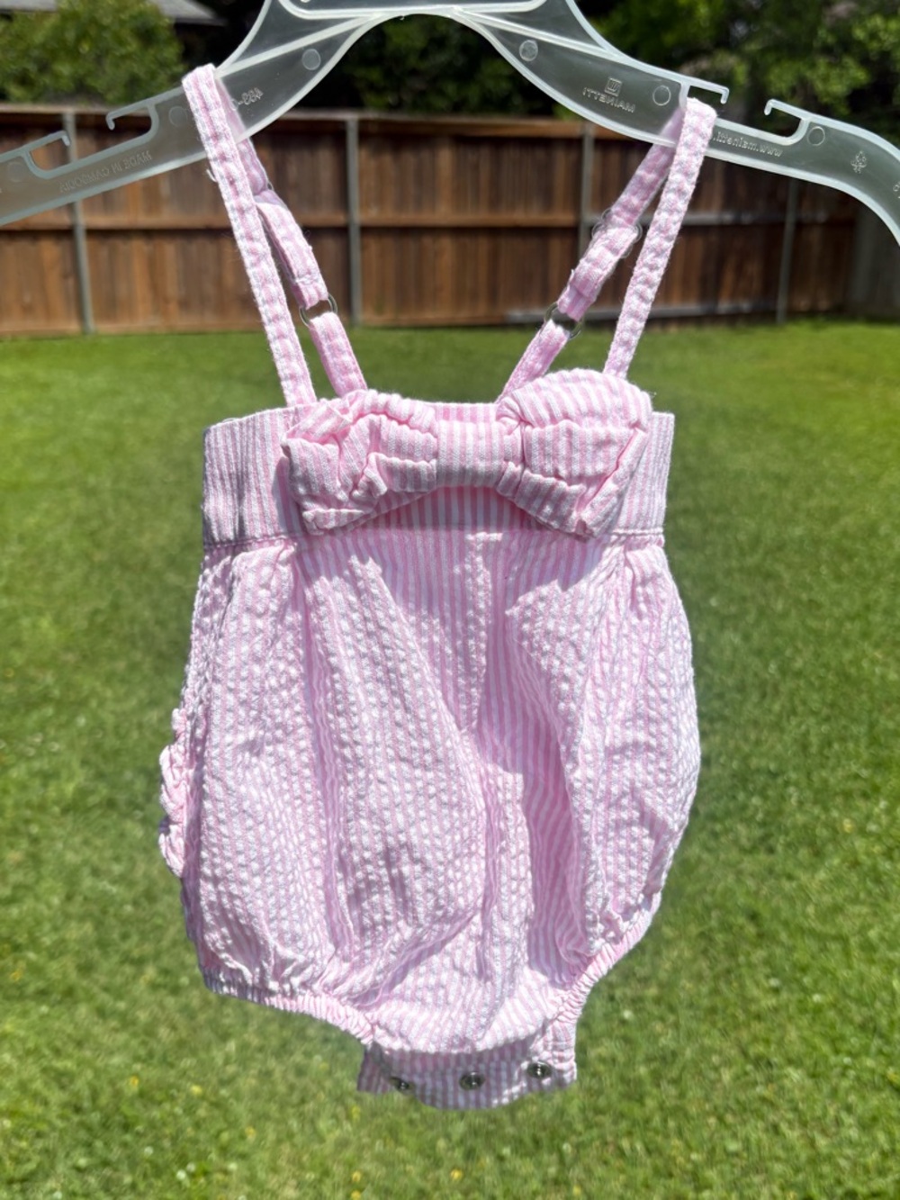 Ruffle Butts pink & white striped seersucker spaghetti strap bubble romper 0-3 m